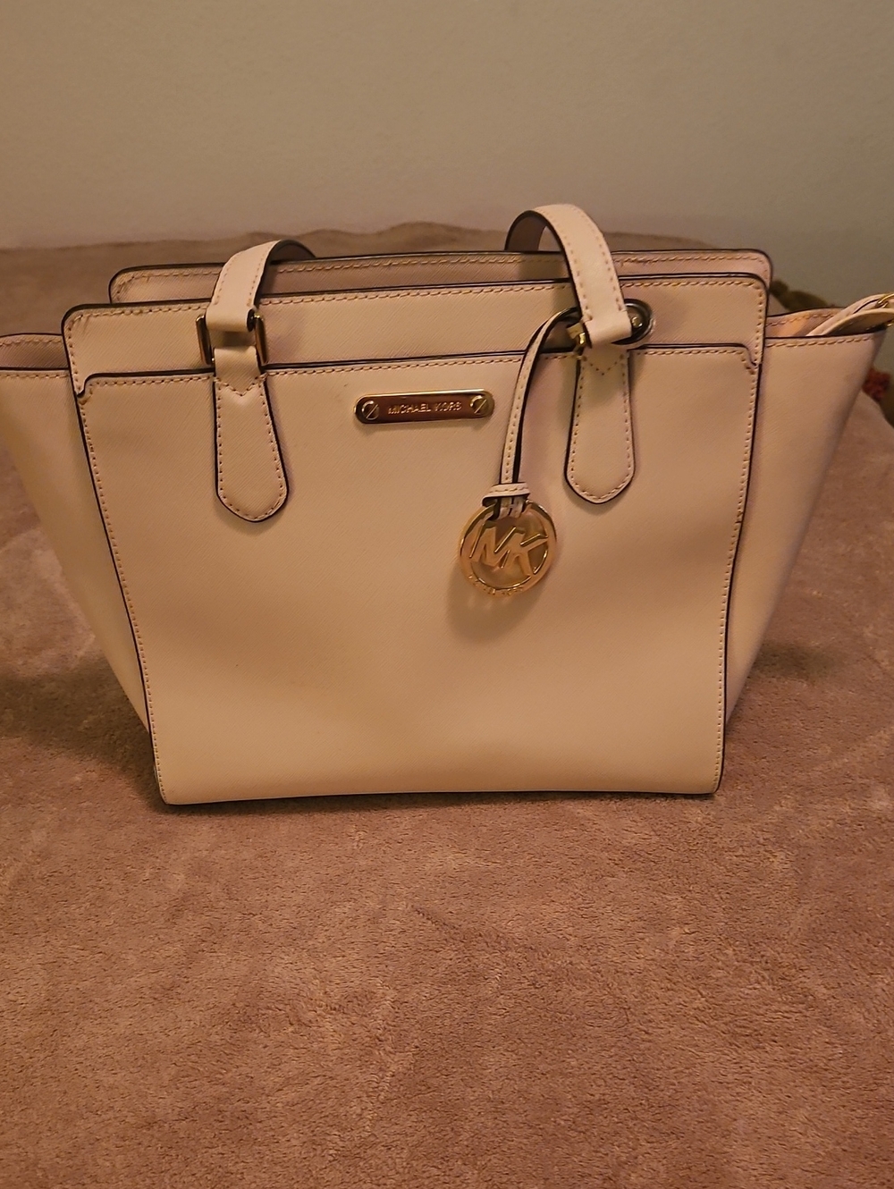 Michael Kors Cream Leather Structured Tote with Gold Hardware